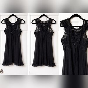 Black Lace Trim Chemise Nightdress With Panties - Women Intimates